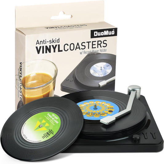 Funny Retro Record Coasters for Drinks with Vinyl Player Holder - Set of 6 Coaster White Elephant Gifts for Music Lovers, Conversation Piece Sayings,Housewarming Hostess Wedding Registry Gift Ideas