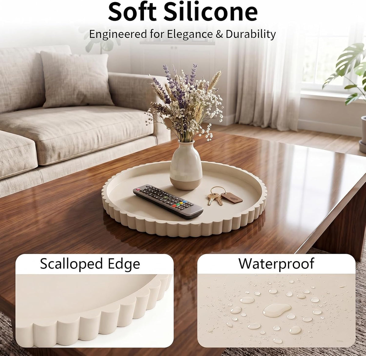 Silicone Bathroom Vanity Trays for Counter - 9.1 Inch Round Small Bathroom Tray with Scalloped Edge Vanity Organizer, Coffee Table Decor, Decorative Tray for Candle Key Skincare Perfume Storage, Beige