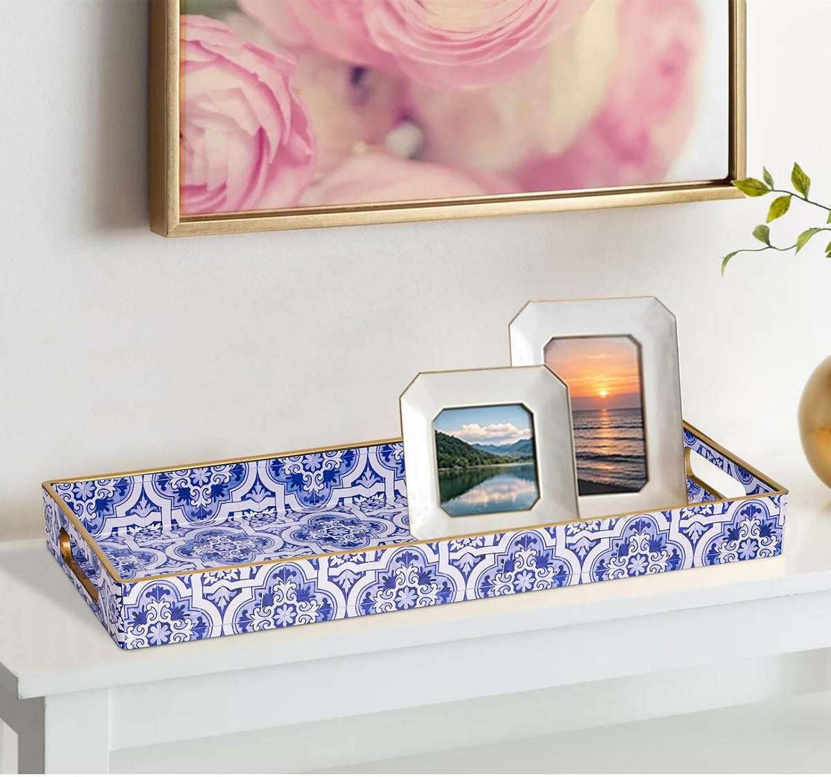 MAONAME Blue Decorative Tray with Handles, Rectangular Moroccan Narrow Tray