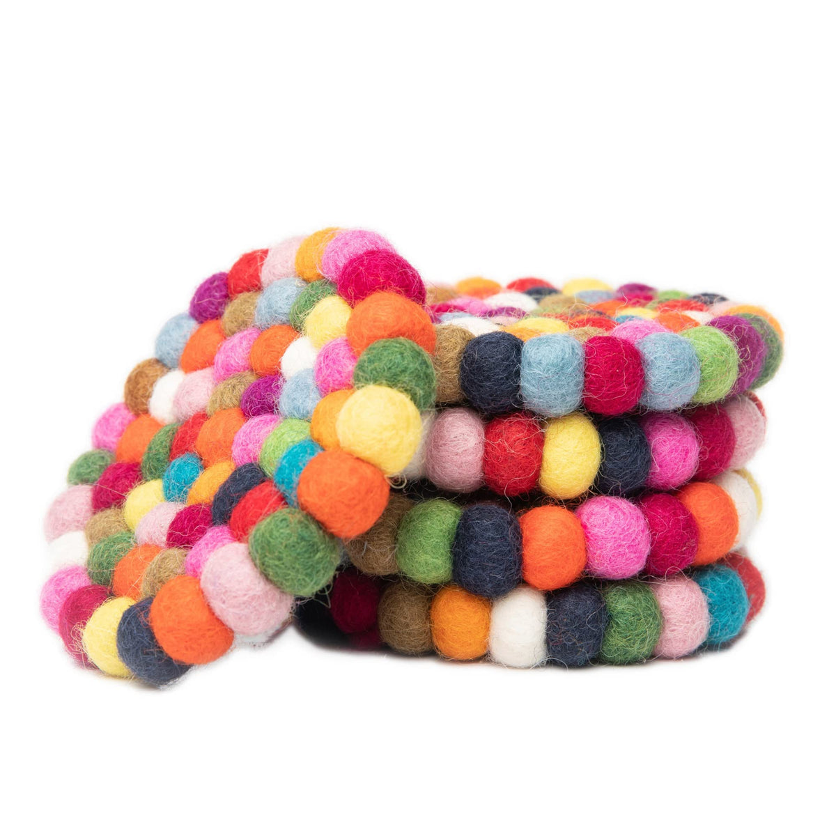 Round Felt Ball Coasters - 100% Merino Wool Table Coasters - Felt Coaster Pads, Absorbent Trivet for Drinks - Heat Resistant, Thick & Durable Hand Felted - Woolygon - Multicolor Set of 5 (Rainbow)