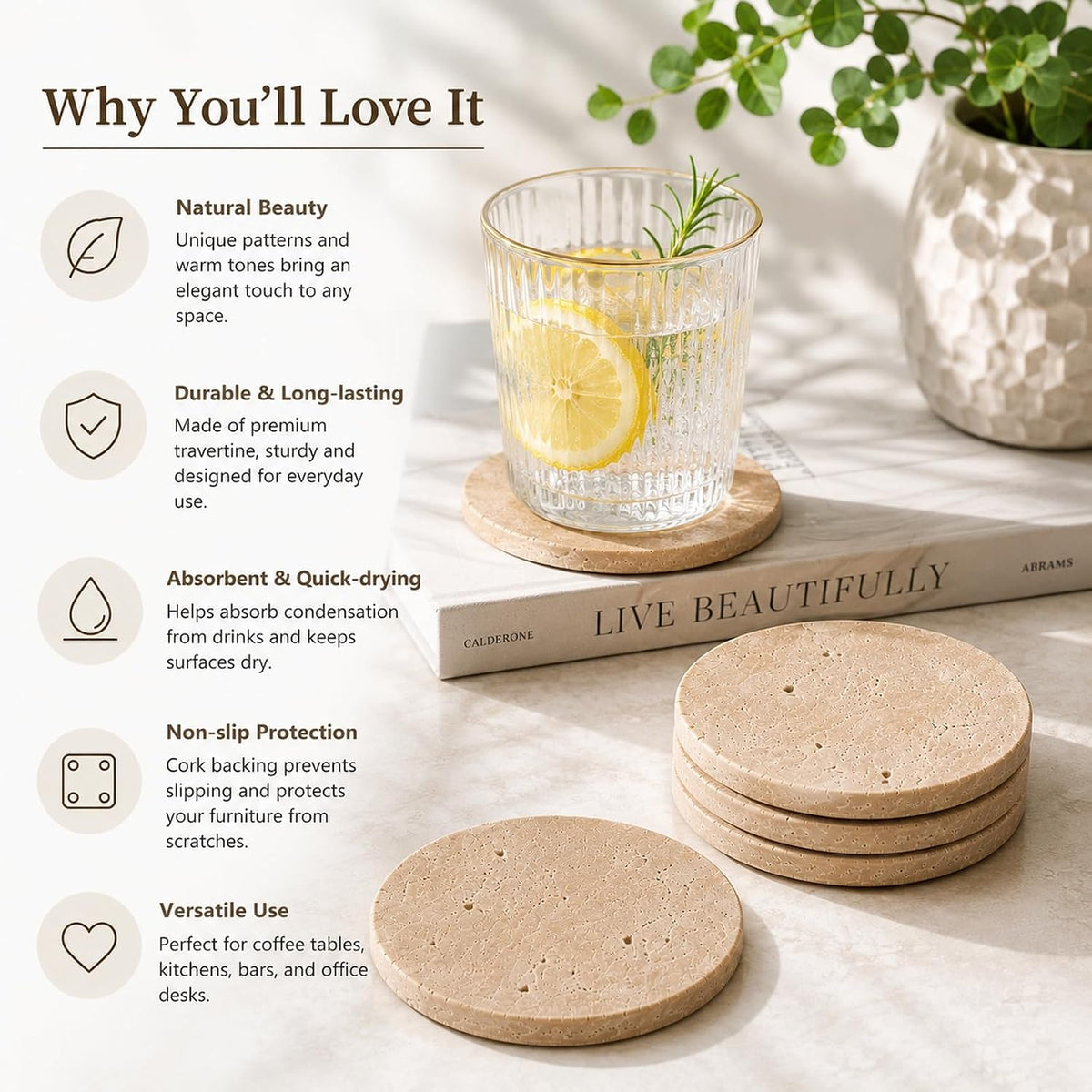 4" Natural Travertine Stone Coasters Set of 4,Round Stone Cup Coasters