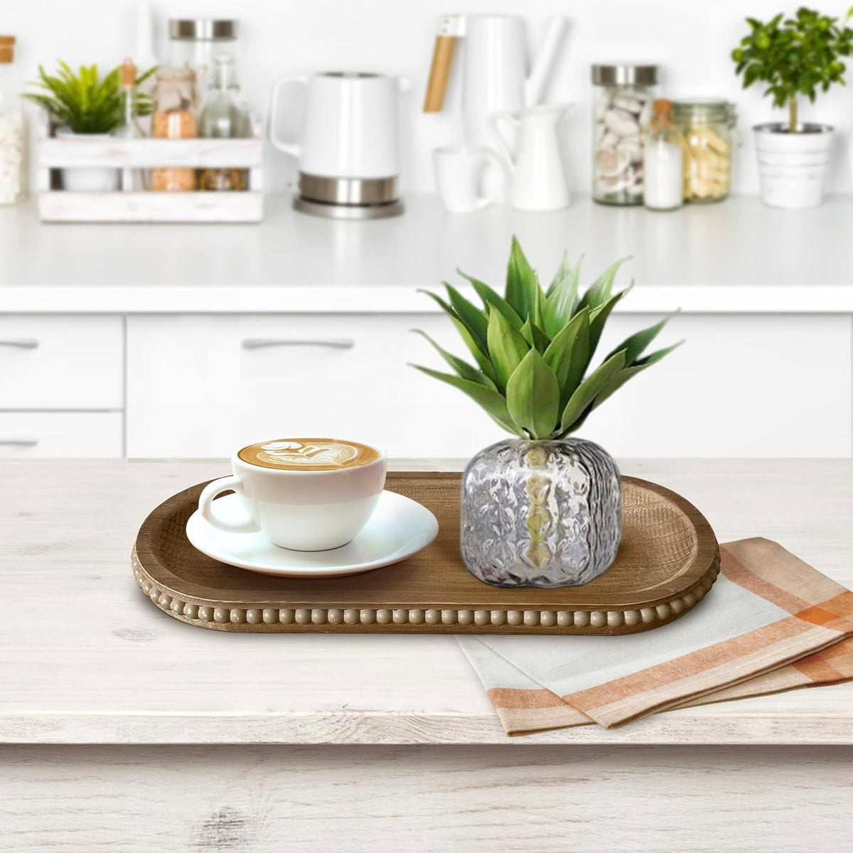 dwellington Wooden Farmhouse Decorative Tray, 11.8in Rustic Beaded Tray for Living Room Decor, Kitchen Table Décor, Oval Coffee Table Serving Tray (Natural)