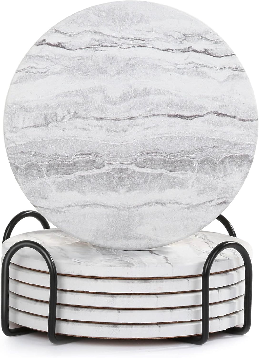 Acejoz Drink Coasters with Holder for Coffee Table, Absorbent Coaster Set of 6, Marble Style Ceramic Coaster for Wooden Table, Suitable for Kinds of Cups, Home Decor, 4 Inches