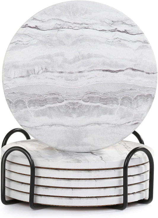 Acejoz Drink Coasters with Holder for Coffee Table, Absorbent Coaster Set of 6, Marble Style Ceramic Coaster for Wooden Table, Suitable for Kinds of Cups, Home Decor, 4 Inches