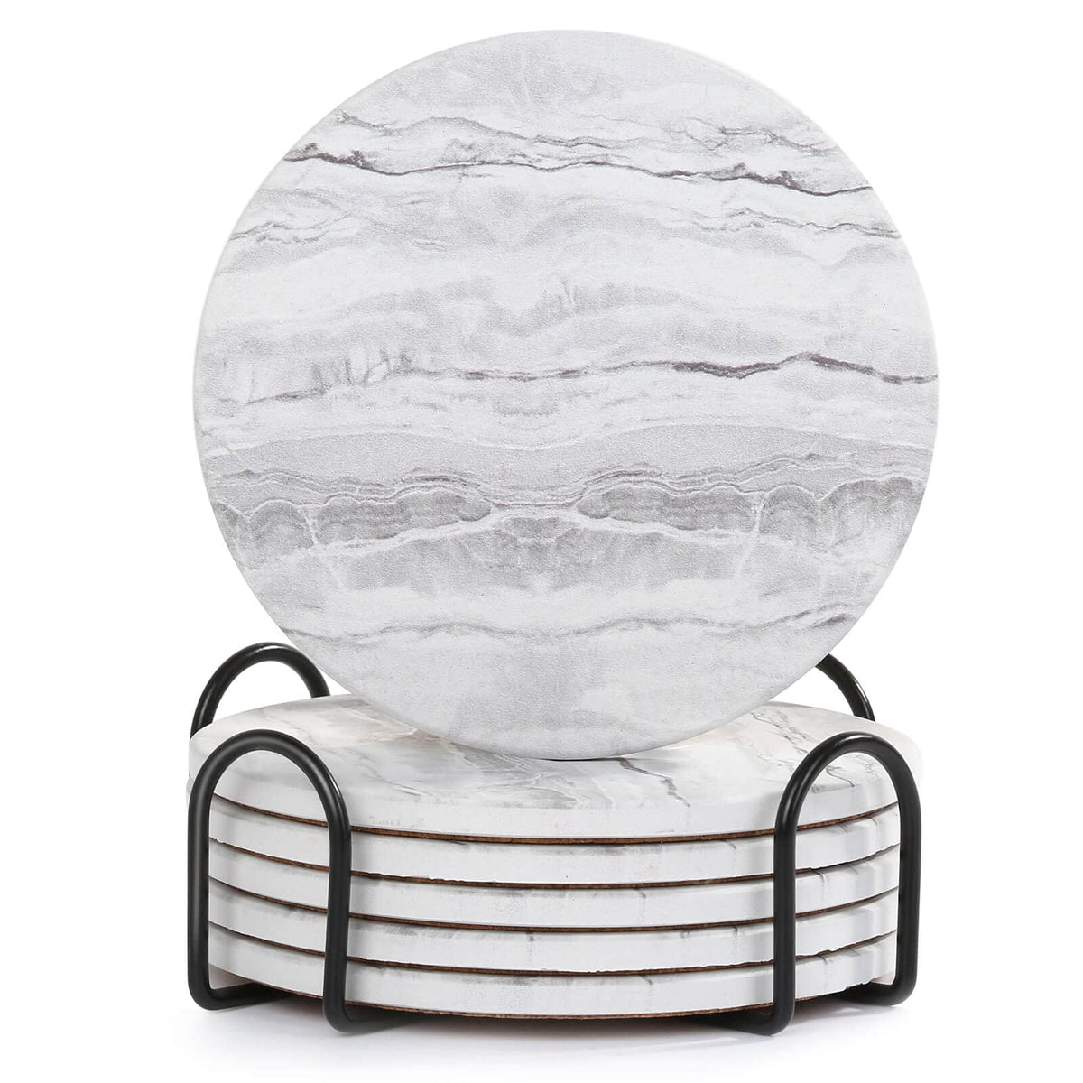 Acejoz Drink Coasters with Holder for Coffee Table, Absorbent Coasters Set of 6, Marble Style Ceramic Coaster for Wooden Table, Suitable for Kinds of Cups, Home Decor, 4 Inches(White)