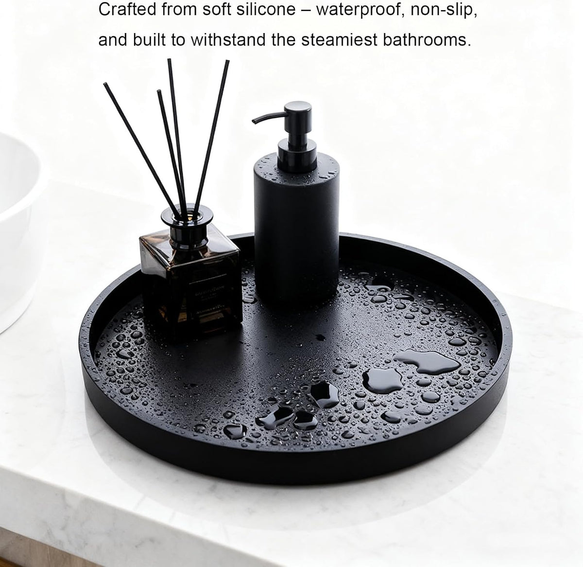Silicone Bathroom Tray, Round Vanity Tray, 9" Black