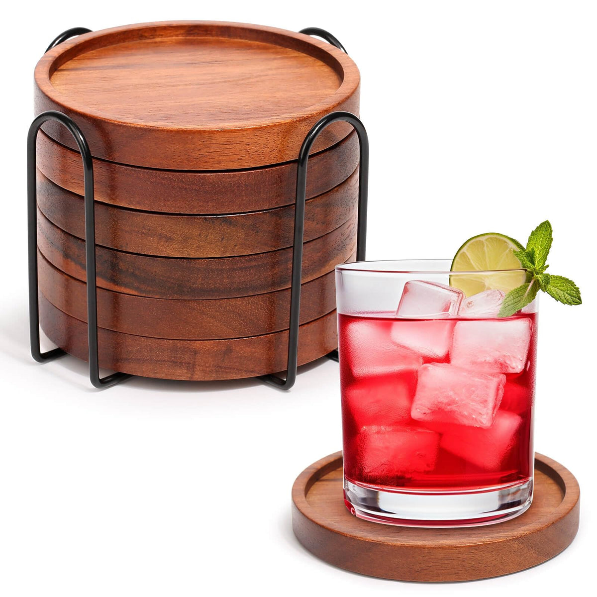 4 Pcs Wood Coasters for Drinks Absorbent, Wooden Coasters with Holder, Drink Coasters for Coffee Table, Absorbent Coaster Set for Table Protection Drink Coasters for Farmhouse, Office, Bar