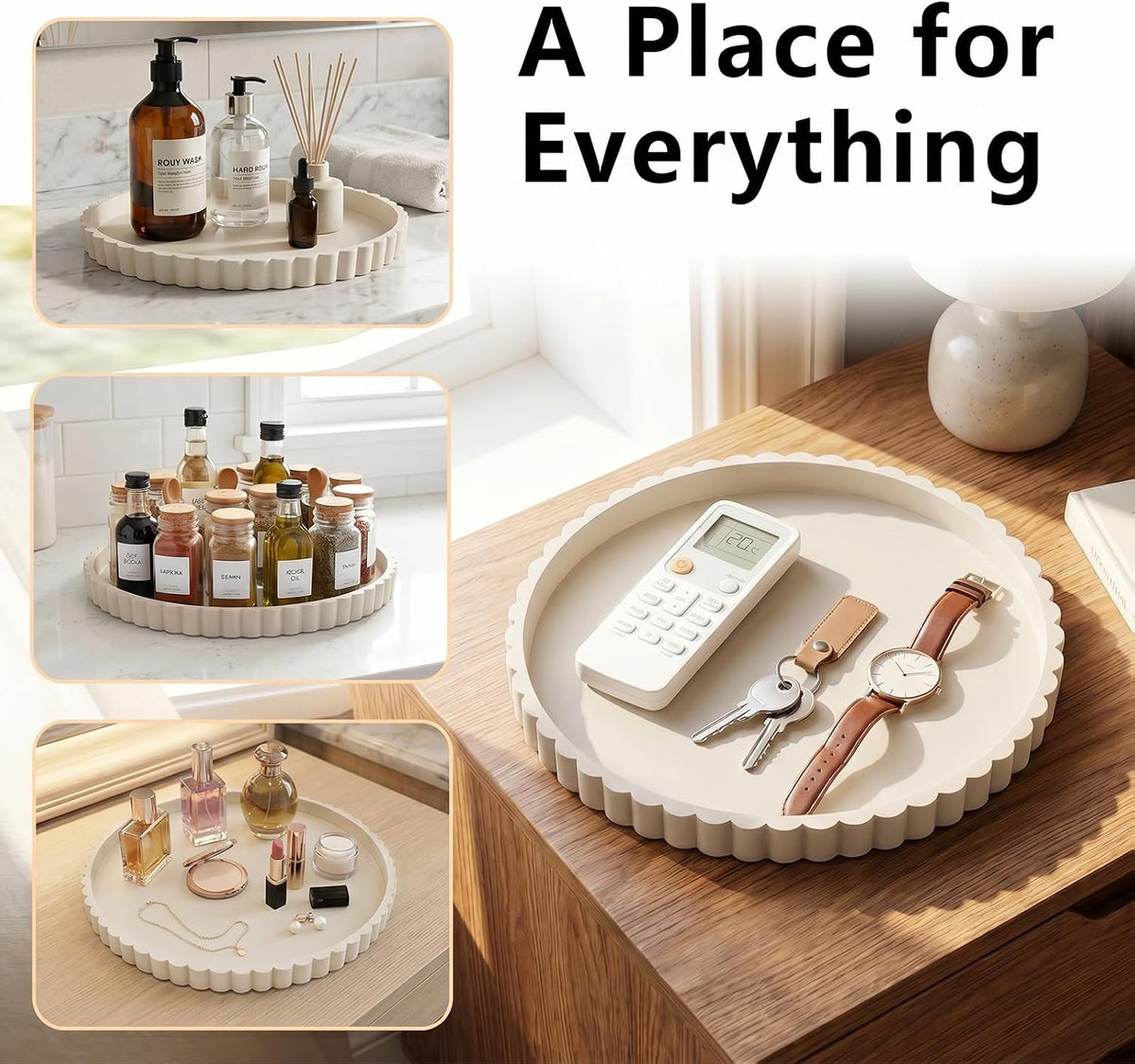 Silicone Bathroom Vanity Trays for Counter - 9.1 Inch Round Small Bathroom Tray with Scalloped Edge Vanity Organizer, Coffee Table Decor, Decorative Tray for Candle Key Skincare Perfume Storage, Beige