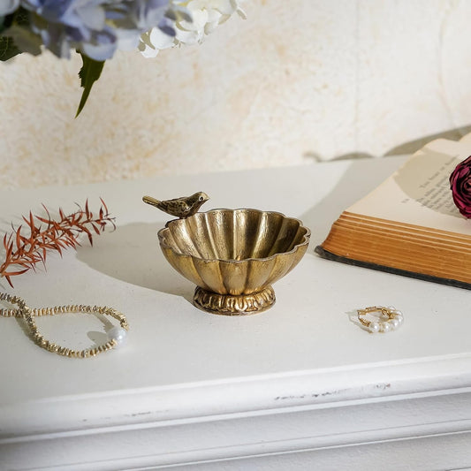 NIKKY HOME Vintage Gold Bird Jewelry Bowl, Small Metal Ring Trinket Dish