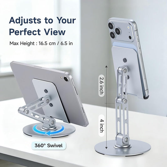 Adjustable Aluminum Phone Stand, 360° Rotating Desk Phone Holder for iPhone & iPad (4-11"), Weighted Metal Base for Stable Typing, Height Adjustable Foldable Cell Phone Stand for Office