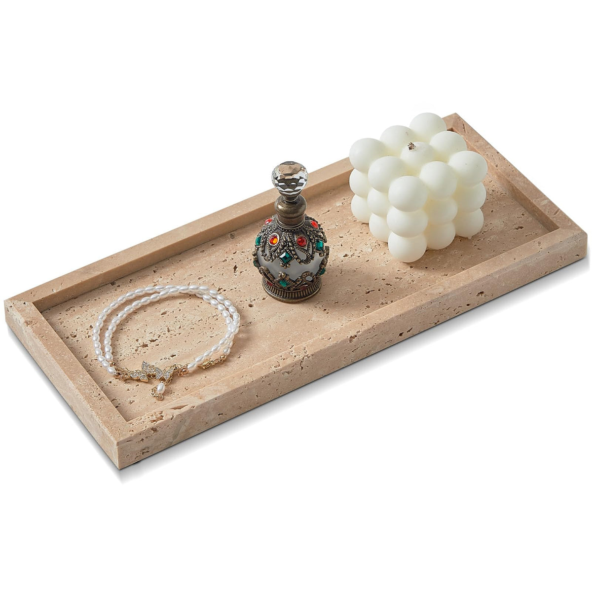 Natural Small Marble Vanity Tray, Luxury Stone Organizer for Bathroom & Kitchen | Holds Soap Dispenser, Jewelry, Perfume | Non-Resin, Non-Ceramic Décor