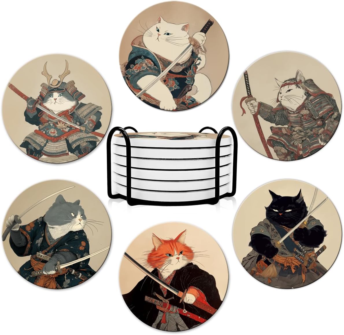 Dooke Coasters for Drinks, Round Absorbent Ceramic Stone Coasters Set of 6 with Cork Base, Funny Drink Coasters with Holder for Cold Drinks Wine Mugs and Cups Tabletop Protection,Japanese‌ Cat
