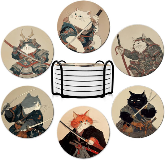 Dooke Coasters for Drinks, Round Absorbent Ceramic Stone Coasters Set of 6 with Cork Base, Funny Drink Coasters with Holder for Cold Drinks Wine Mugs and Cups Tabletop Protection,Japanese‌ Cat