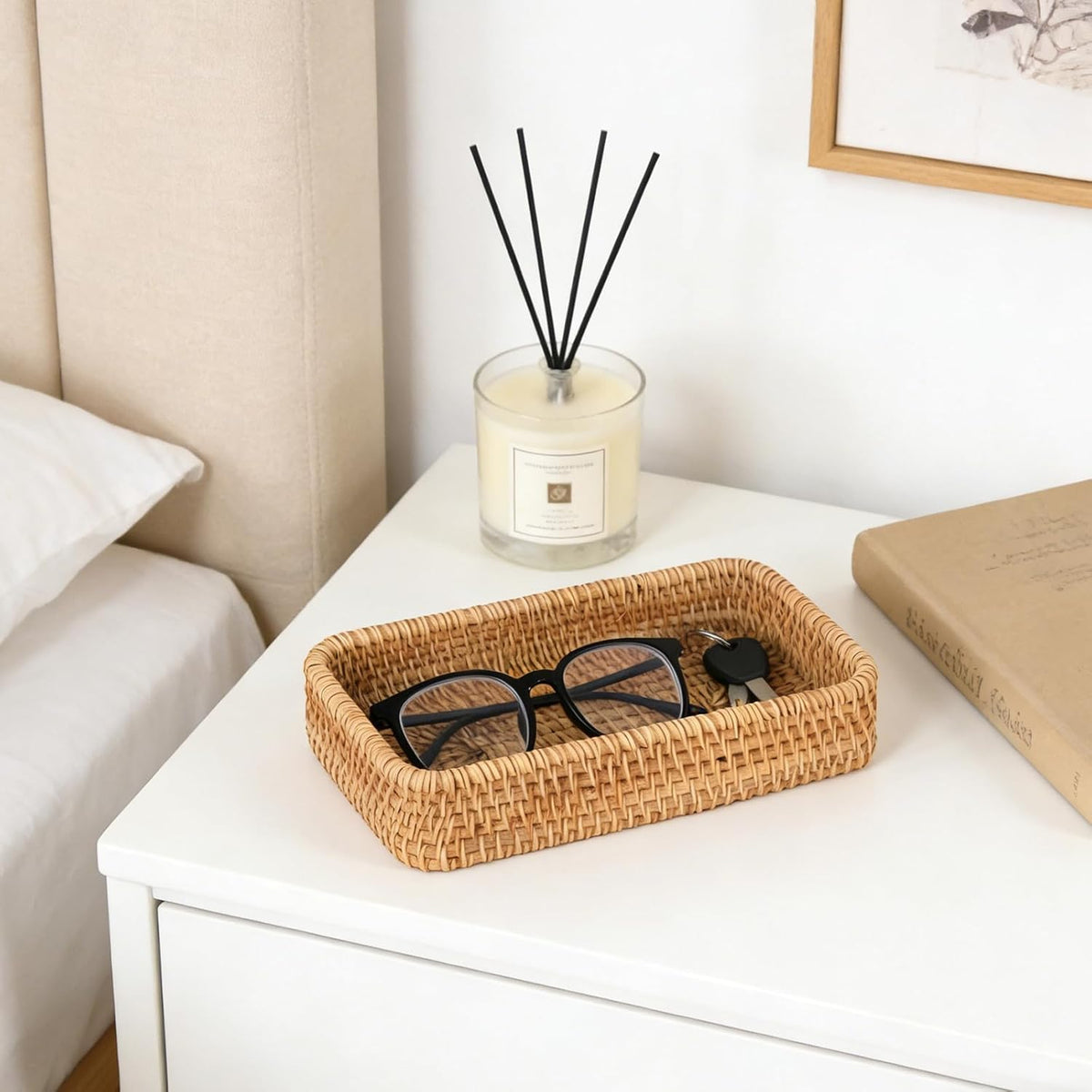 Small Rattan Serving Tray, Natural Wicker Decorative Tray (8.2" × 4.3")