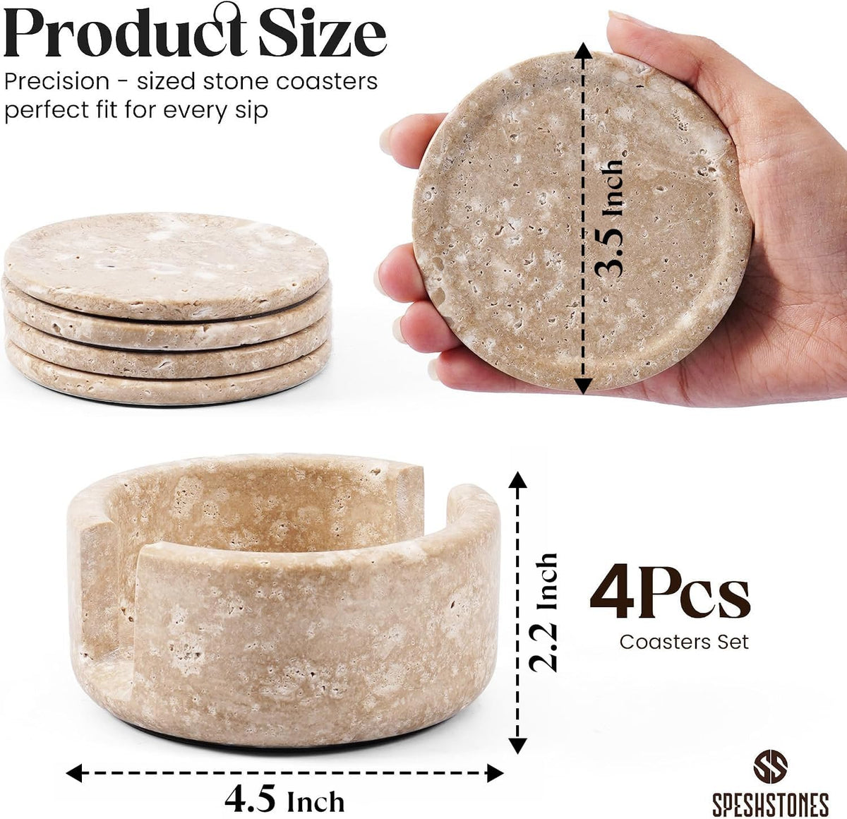 Travertine Coasters Set of 4 with Holder, Stone Drink Coaster