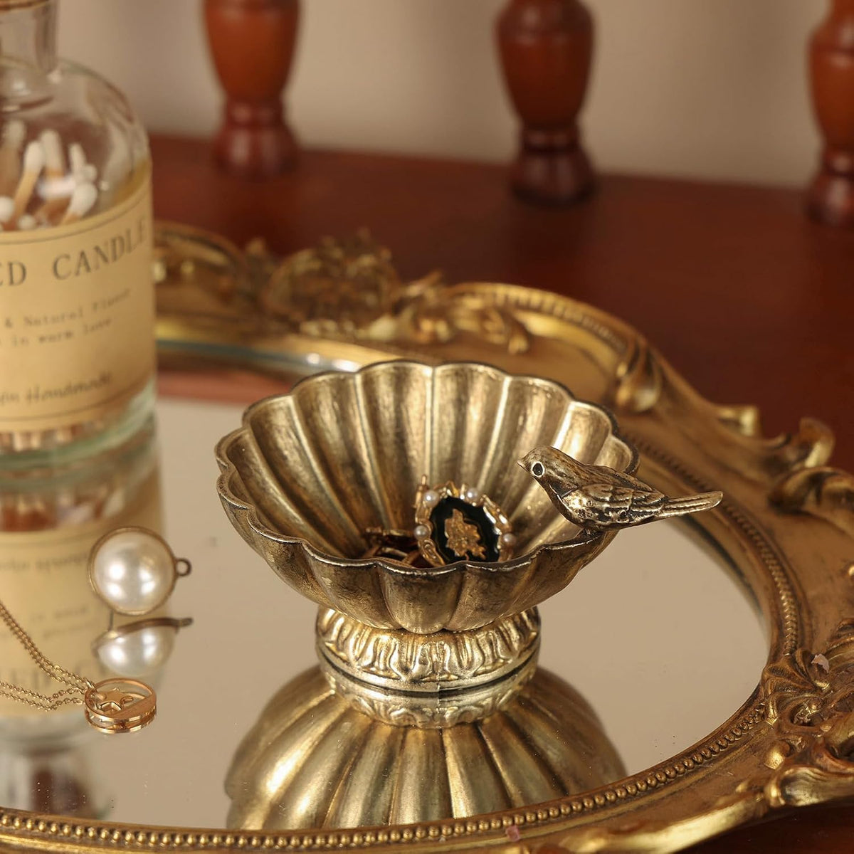 NIKKY HOME Vintage Gold Bird Jewelry Bowl, Small Metal Ring Trinket Dish