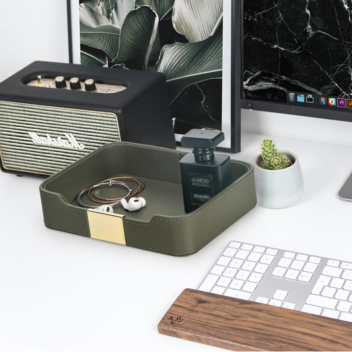 SANZIE Luxury Leather Tray Organizer, Valet Tray Key Bowl (Khaki Green)