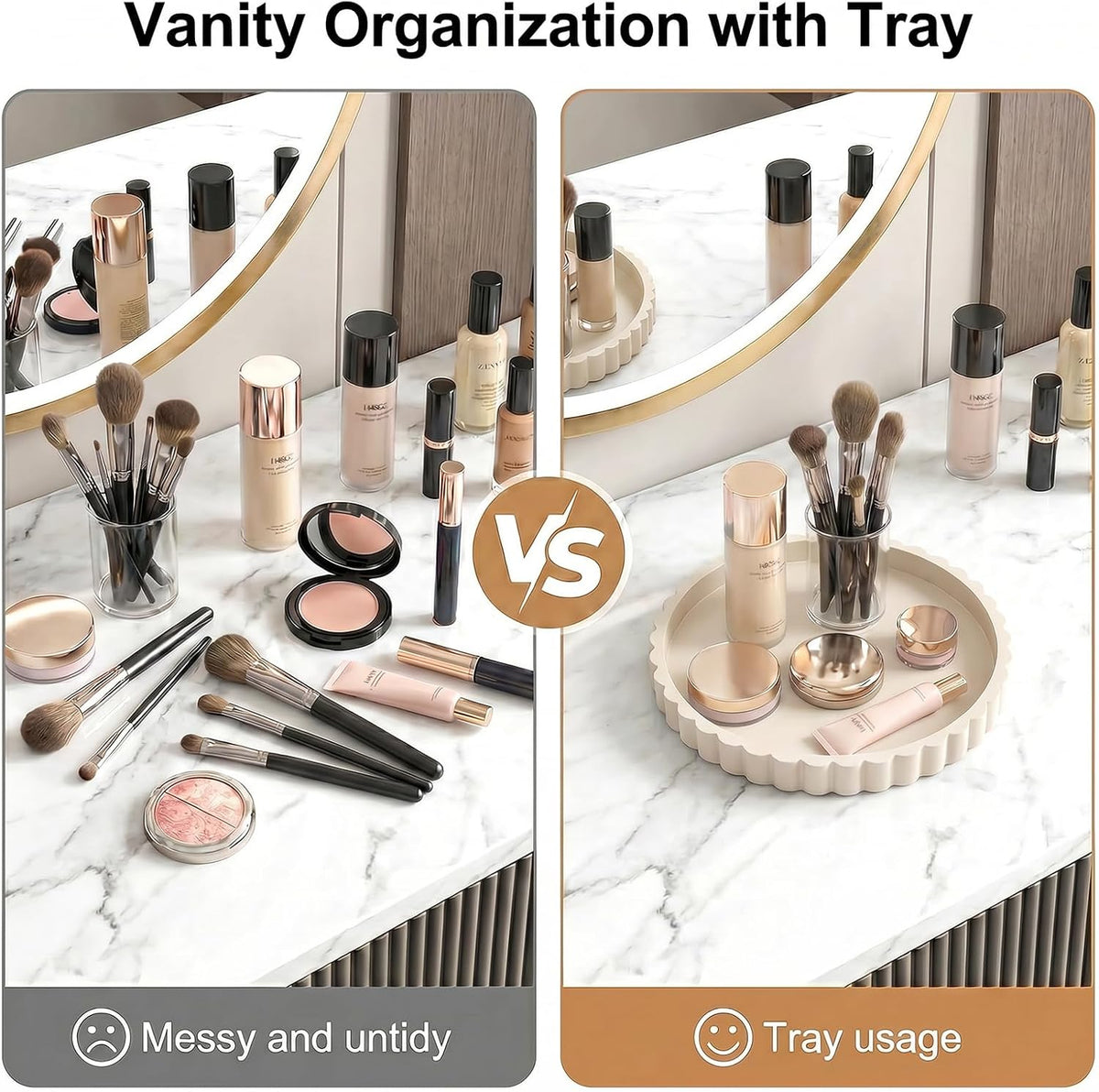 Silicone Bathroom Vanity Trays for Counter - 9.1 Inch Round Small Bathroom Tray with Scalloped Edge Vanity Organizer, Coffee Table Decor, Decorative Tray for Candle Key Skincare Perfume Storage, Beige