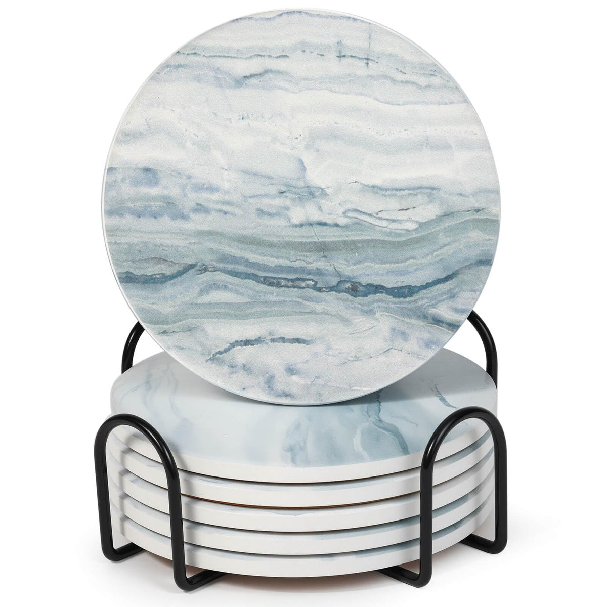 Acejoz Drink Coasters with Holder for Coffee Table, Absorbent Coaster Set of 6, Marble Style Ceramic Coaster for Wooden Table, Suitable for Kinds of Cups, Home Decor, 4 Inches