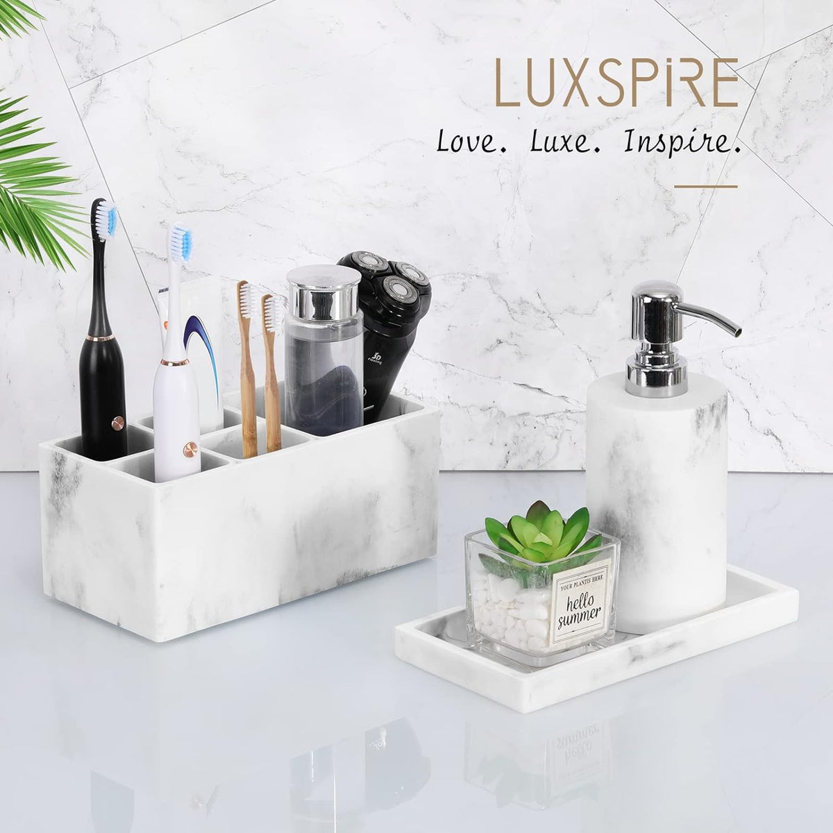 Luxspire Resin Bathroom Tray for Countertop Organizer, Mini, White Marble