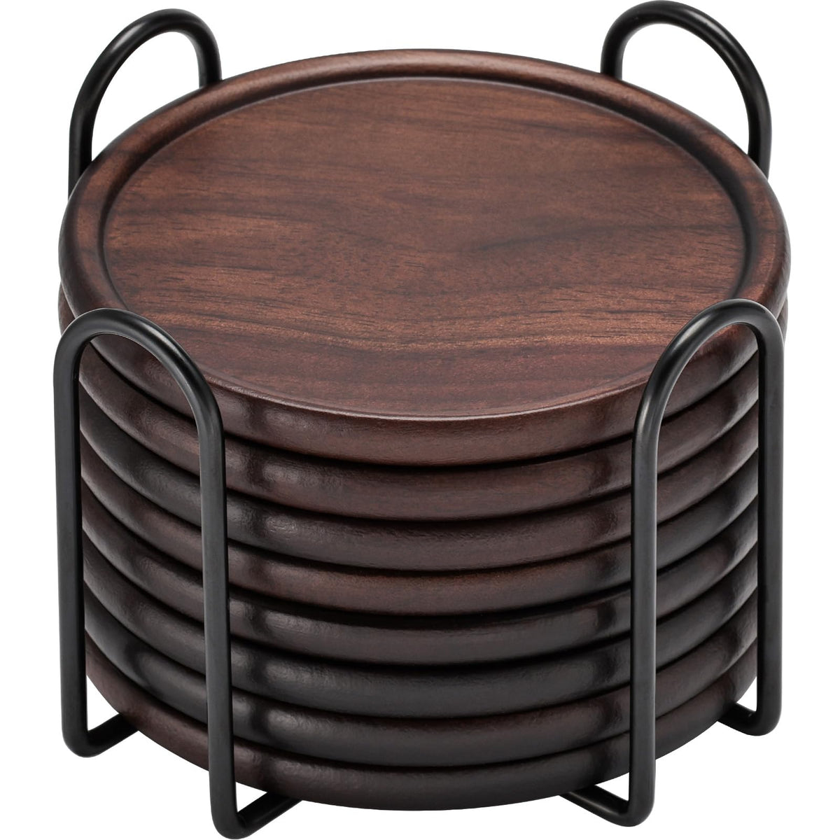 Wood Coasters Set of 8 with Metal Holder, 100% Wooden Coasters for Drinks