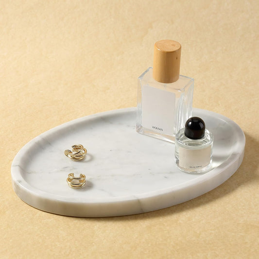 Koville Carrara Marble Tray, Oval Vanity Decorative Marble Tray for Home, Countertop Organizer, Catchall Tray for Perfume, Candles, Jewelry