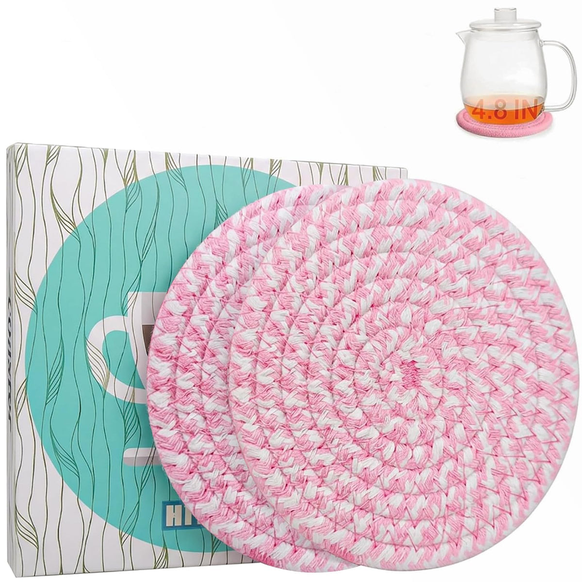 4.8" Drink Cotton Coasters Set of 2 - Large Absorbent Fabric Drink Pads for Coffee Mugs, Stylish Boho Cup Mats for Desk, Bedside Table, Plant Pots – Durable Minimalist Home Decor (Rich Blue, 2pack)