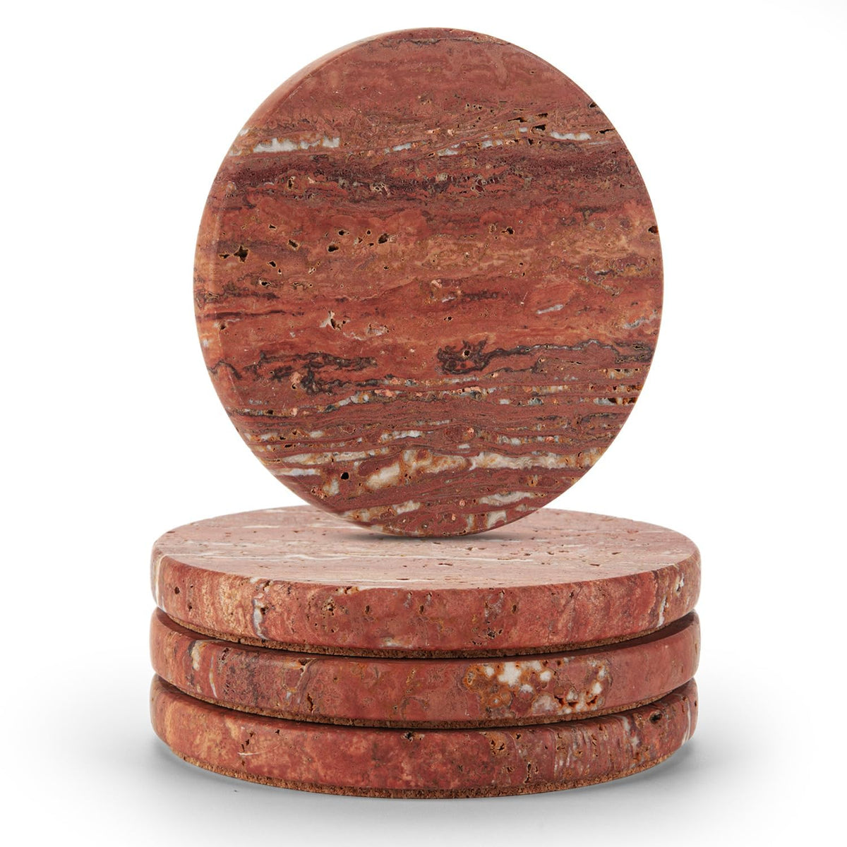 Natural Travertine Marble Coasters Set of 4-4" Round Stone Drink Coasters, Non-Slip Cork Backing, Housewarming Gift, Wedding, Protect Tables from Stains & Scratches (BD140)