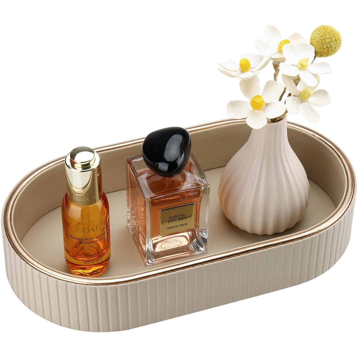 GORESE PU Leather Perfume Tray Nightstand Organizer, Small Oval Desk Tray Jewelry Trinket Trays Valet Organizer Key Bowl for Entryway Dresser Bathroom, Catchall Trays for Men Women, 11×5.9 in, Beige