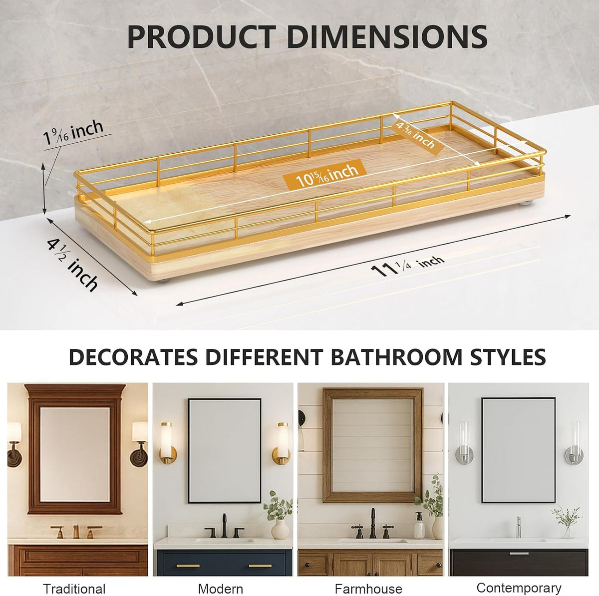 Bathroom Tray for Counter Top Organizer, Oak Wood Vanity Tray