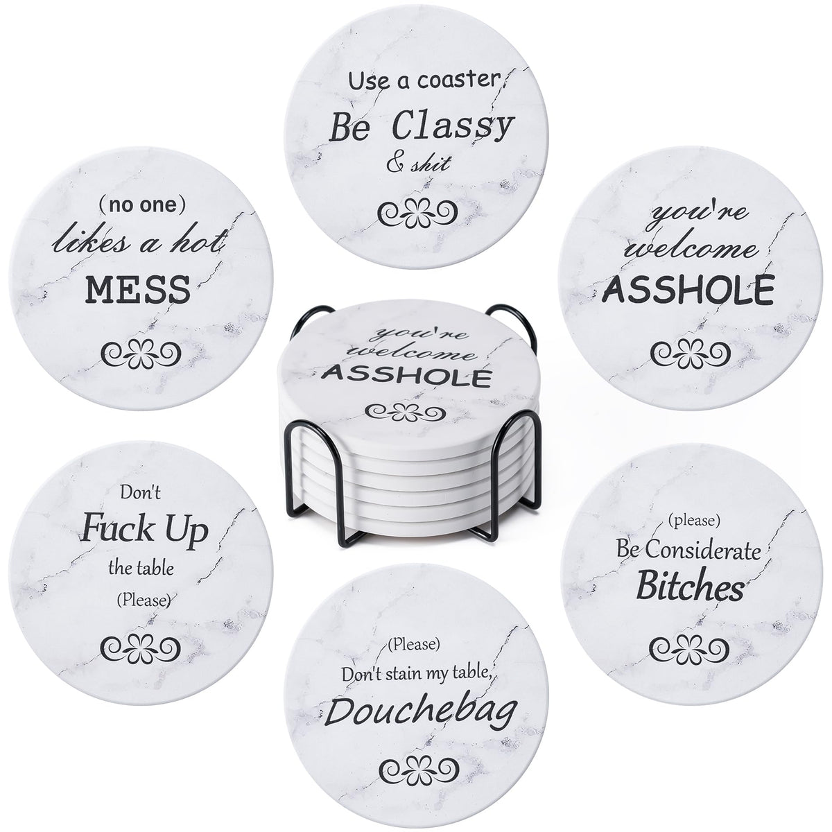6Pcs Absorbent Coasters Set with Holder,Ceramic Drink Coaster,4 in（A6）