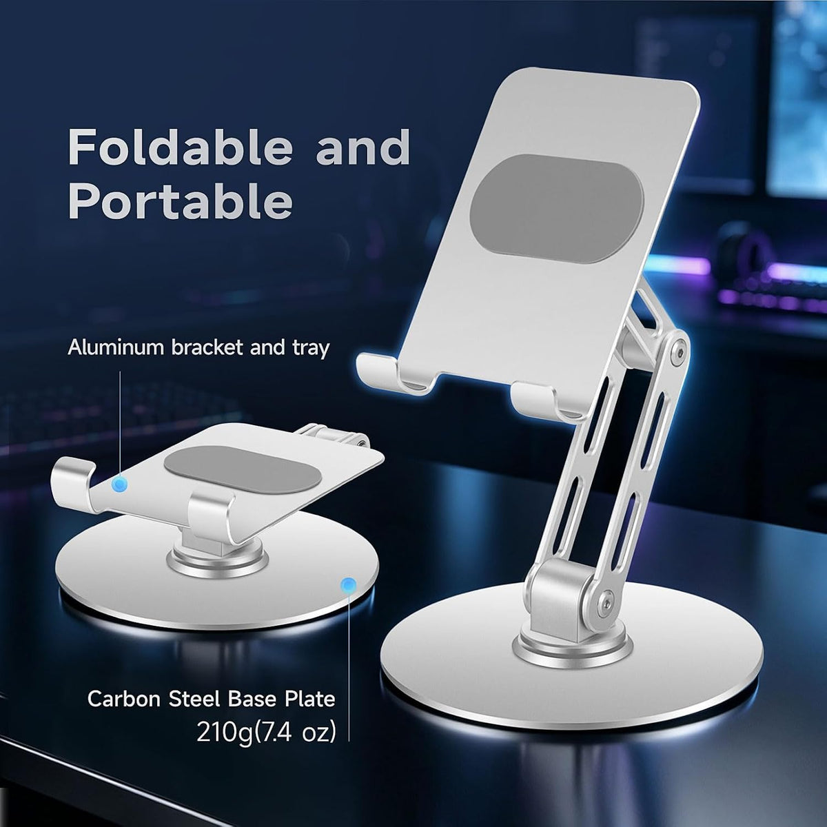 Adjustable Aluminum Phone Stand, 360° Rotating Desk Phone Holder for iPhone & iPad (4-11"), Weighted Metal Base for Stable Typing, Height Adjustable Foldable Cell Phone Stand for Office