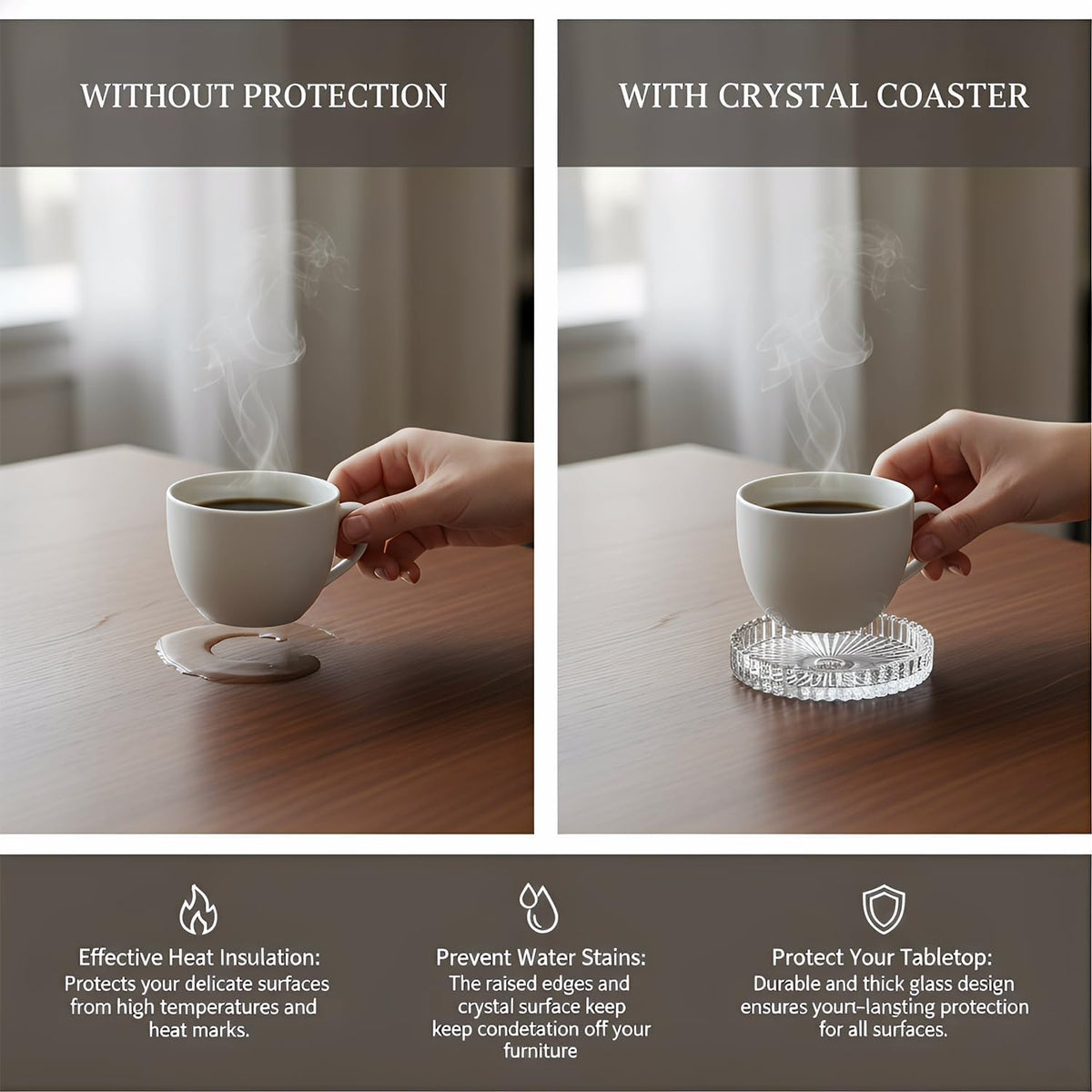 Round Modern Clear Coasters Set of 2, Glass Cup Coaster Modern Crystal Coasters for Drinks Coffee Office Bar Kitchen Home Wedding Party Decor (Clear, Set of 2)