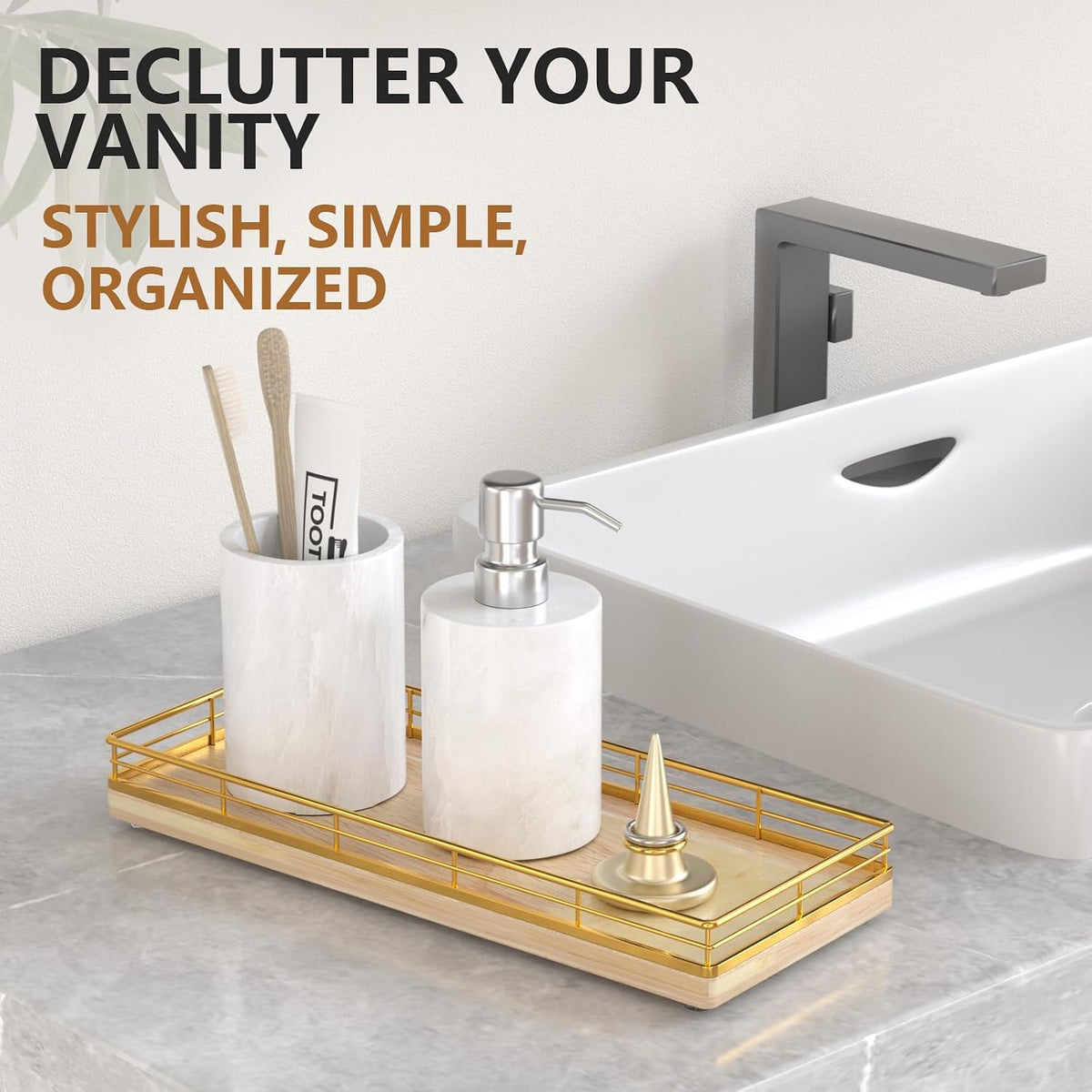 Bathroom Tray for Counter Top Organizer, Oak Wood Vanity Tray