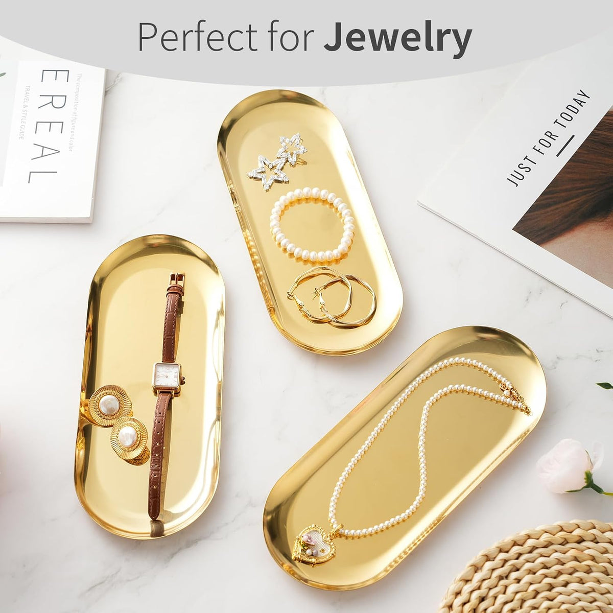 3 Pack Gold Trays for Decor, Stainless Steel Decorative Tray, Gold