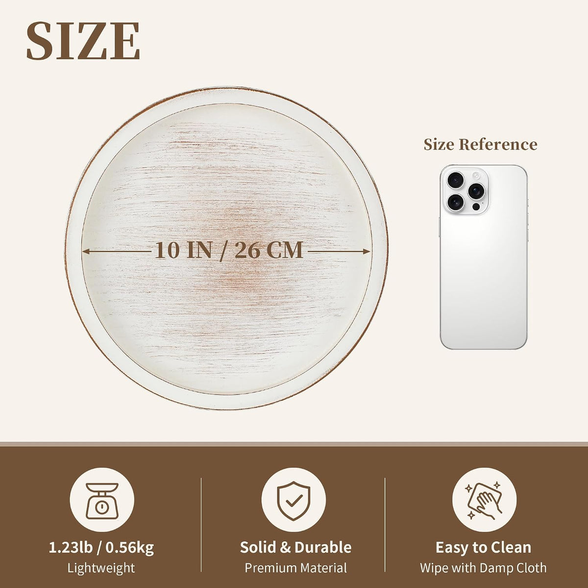 Hanobe Decorative Tray for Coffee Table: 11.8" Round Whitewashed Wood Tray for Rustic Farmhouse Living Room Kitchen Island Entryway Home Decor