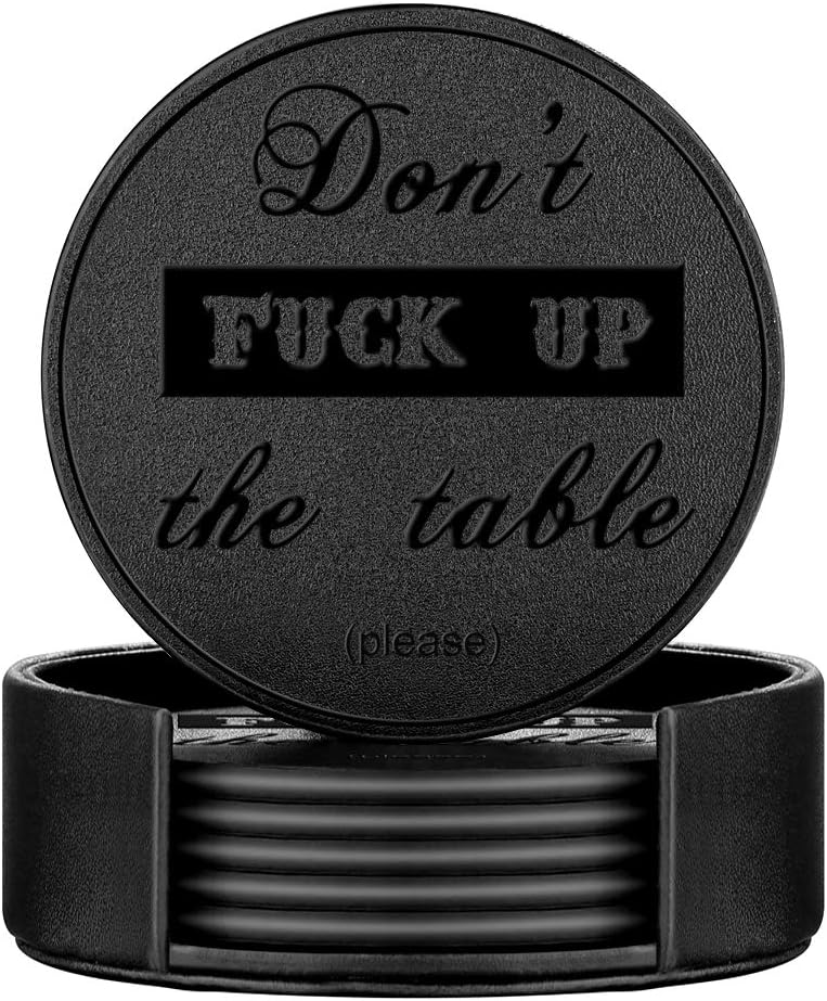 Funny Coasters, Thipoten 6 Pcs Leather Coasters with Holder, Perfect Housewarming Hostess Gifts, Protect Furniture from Water Marks Scratch and Damage(6Pcs, Black)