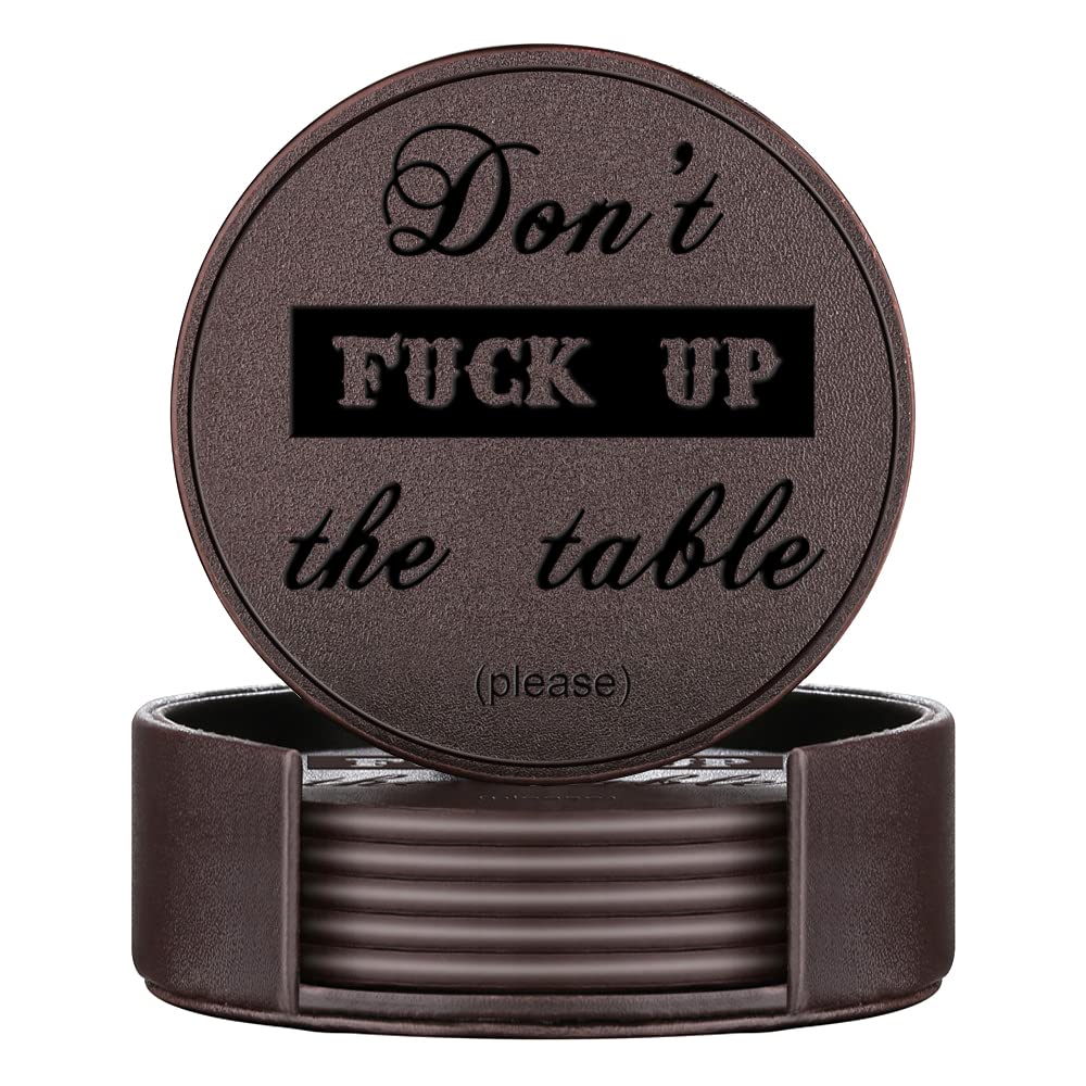 Funny Coasters, Thipoten 6 Pcs Leather Coasters with Holder, Perfect Housewarming Hostess Gifts, Protect Furniture from Water Marks Scratch and Damage(6Pcs, Black)