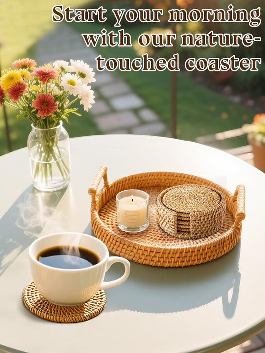 Handmade Rattan Coasters Set of 6 with Holder, Farmhouse Home Decor