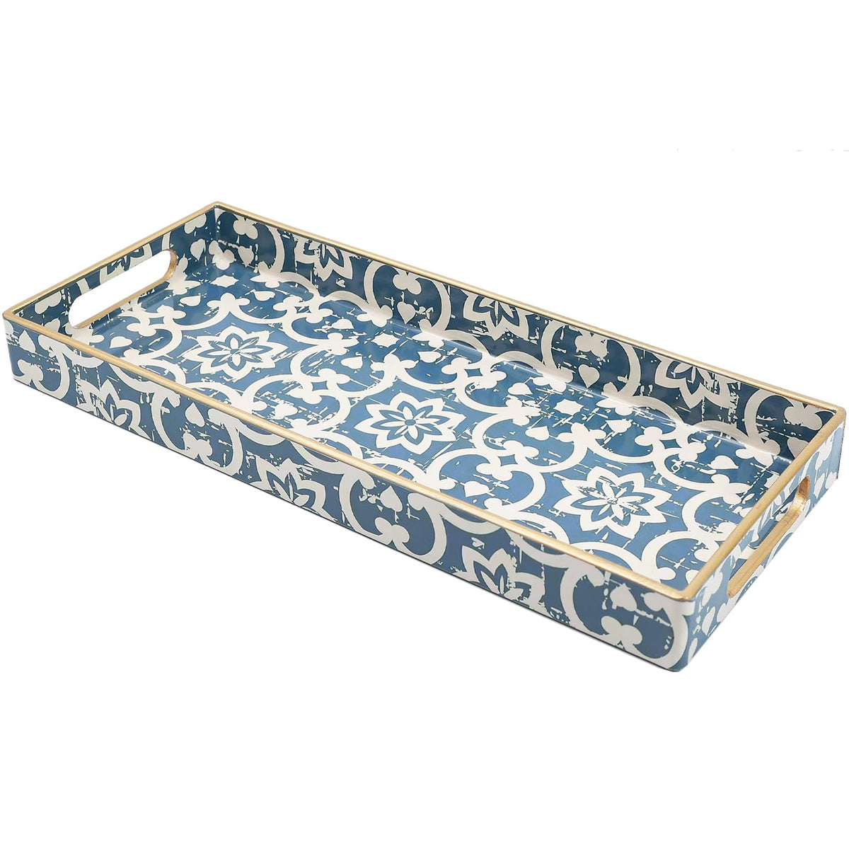 Blue Bathroom Vanity Tray for Countertop, Small Plastic Toilet Tank Versatile Storage & Organization Tray for Makeup, Perfume, Desk, Kitchen, Candles, 13.7"x6"x1.4", 35HB