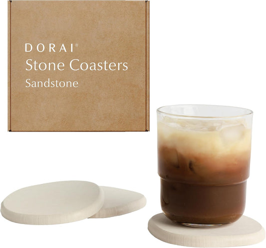 Dorai Home Stone Coasters Set - Diatomaceous Earth Water-Absorbing Drink Coaster for Coffee Table, Kitchen or Bar, Modern Stone Appearance | Sandstone - Set of 4