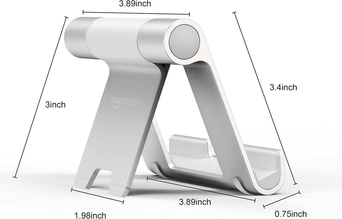 Amazon Basics Multi-Angle Portable Foldable Stand for Tablets, E-Readers and Phones, Non-Slip Desktop Holder for iPads, iPhones, Kindles, Hands-Free Viewing - Silver