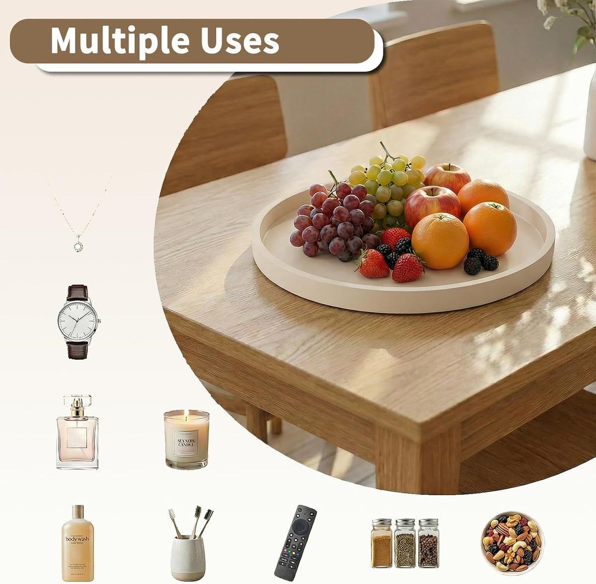 Round Beige Silicone Decorative Bathroom Vanity Tray 9 Inch, Counter Tray for Bathroom Countertop Perfume Holder Dresser Organizer Coffee Table Candle, Non-Slip Durable for Home Use