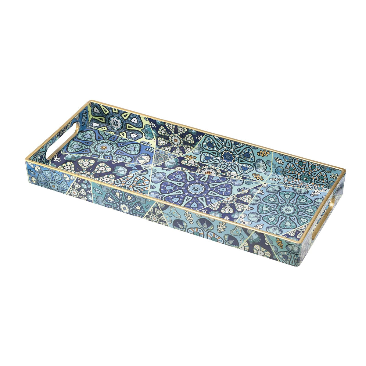 MAONAME Blue Decorative Tray with Handles, Rectangular Moroccan Narrow Tray