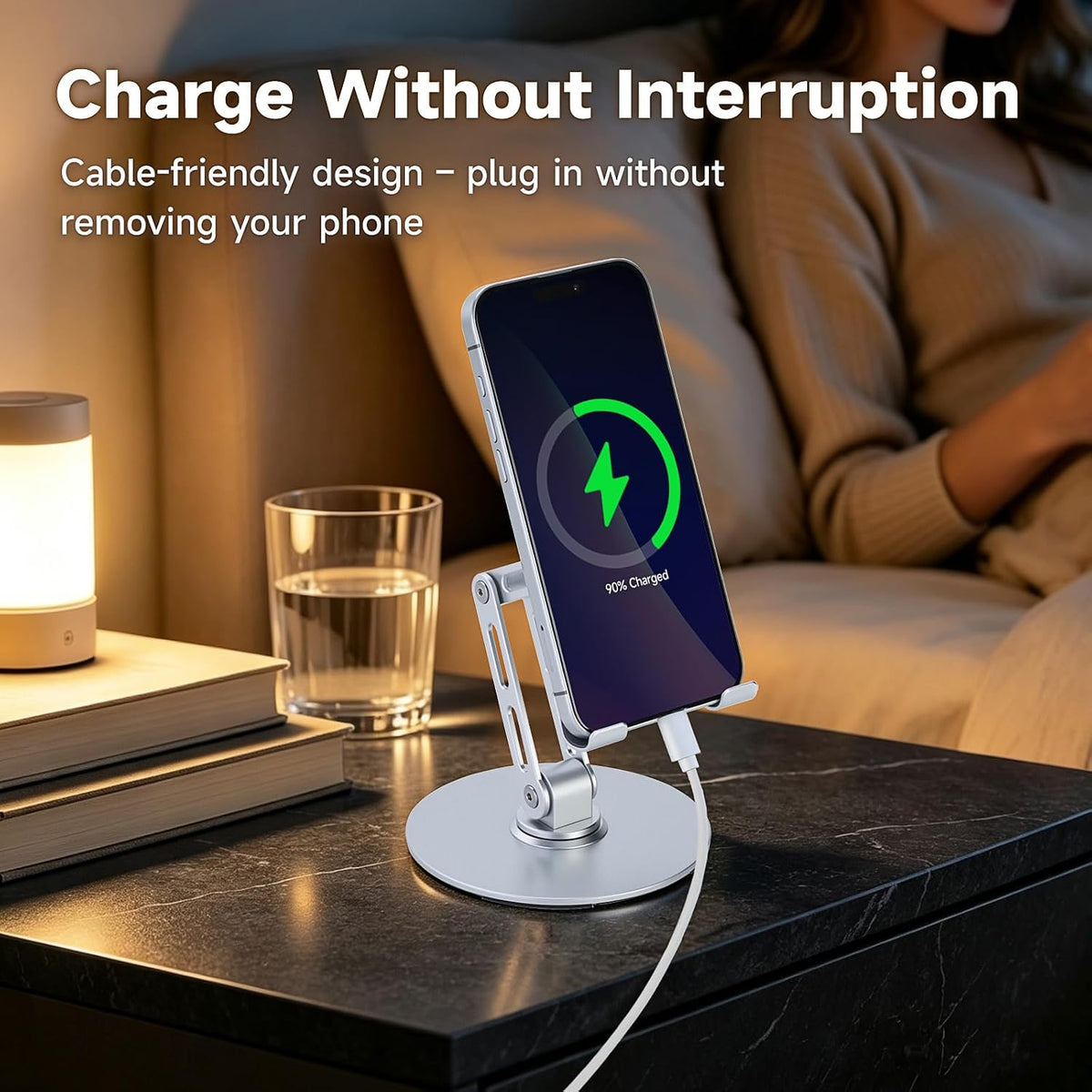 Adjustable Aluminum Phone Stand, 360° Rotating Desk Phone Holder for iPhone & iPad (4-11"), Weighted Metal Base for Stable Typing, Height Adjustable Foldable Cell Phone Stand for Office