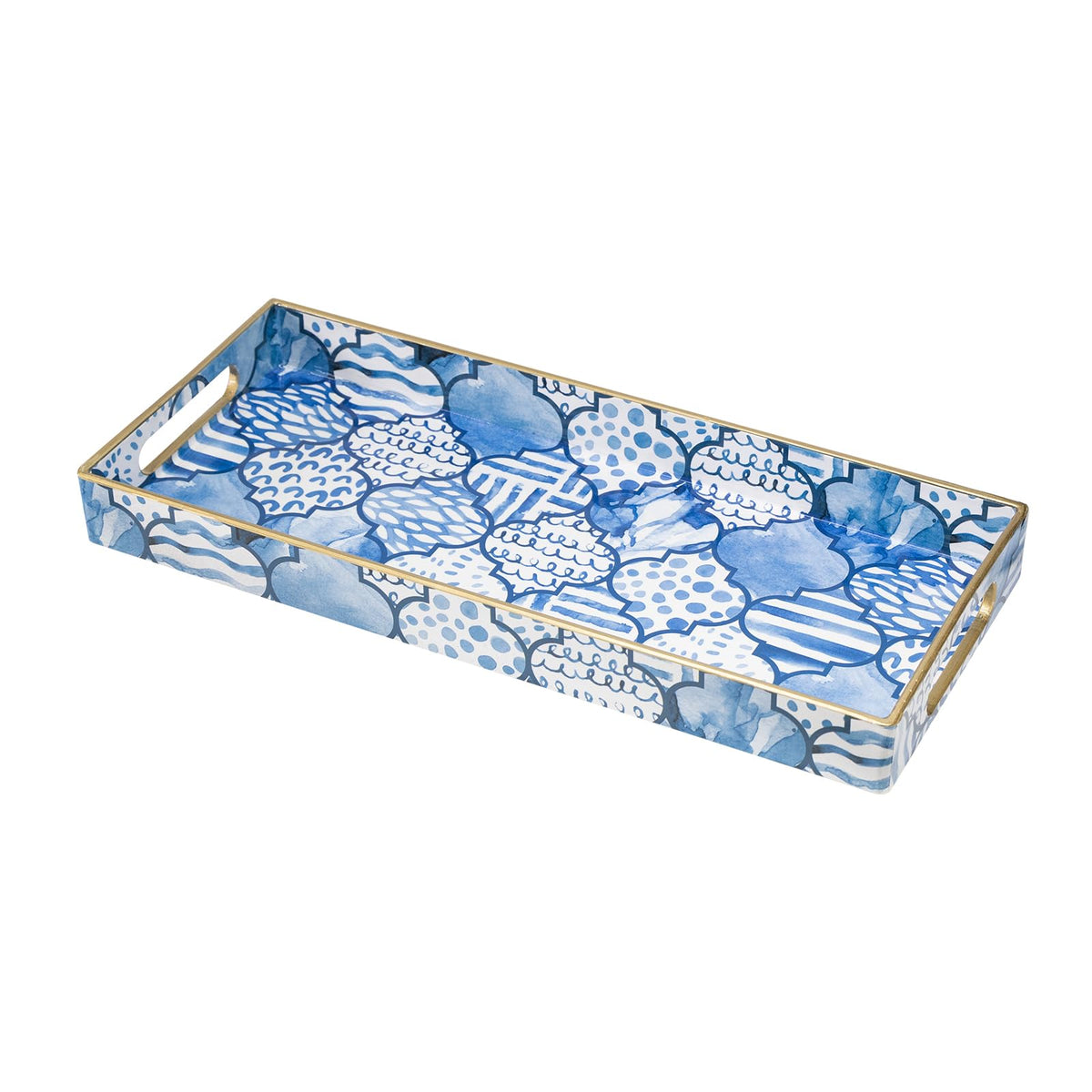MAONAME Blue Decorative Tray with Handles, Rectangular Moroccan Narrow Tray