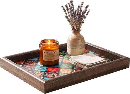 Decorative Wood Serving Tray with Boho Mandala Print, 11.8x7.87 Inch, for Coffee Table, Vanity, Nightstand, Countertophome, Centerpieces, Living Room Decor, Key Bowl, Valet Tray