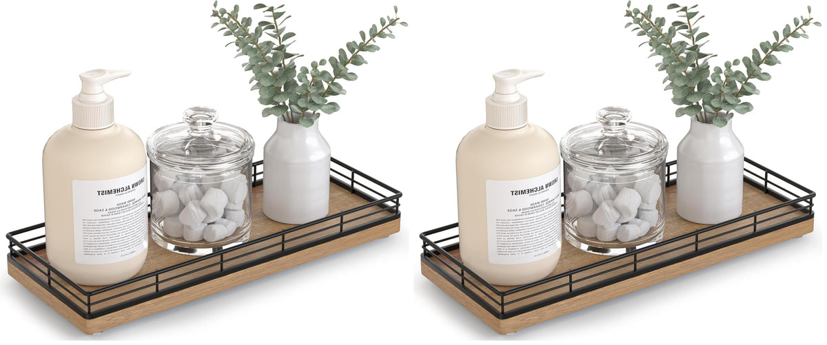 Bathroom Tray for Counter Top Organizer, Oak Wood Vanity Tray
