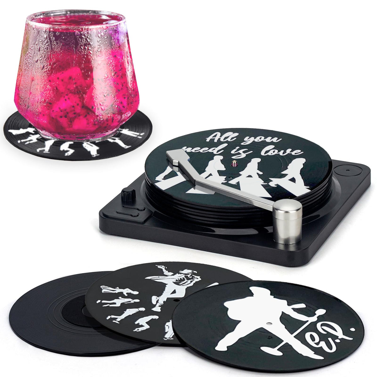 Retro Vinyl Record Coasters with Player, Set of 6 Music Coasters for Drinks