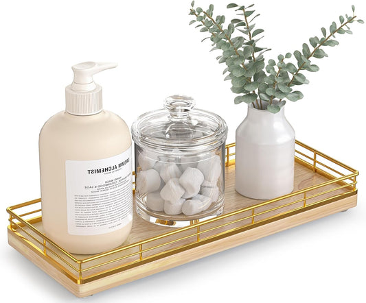 Bathroom Tray for Counter Top Organizer, Oak Wood Vanity Tray